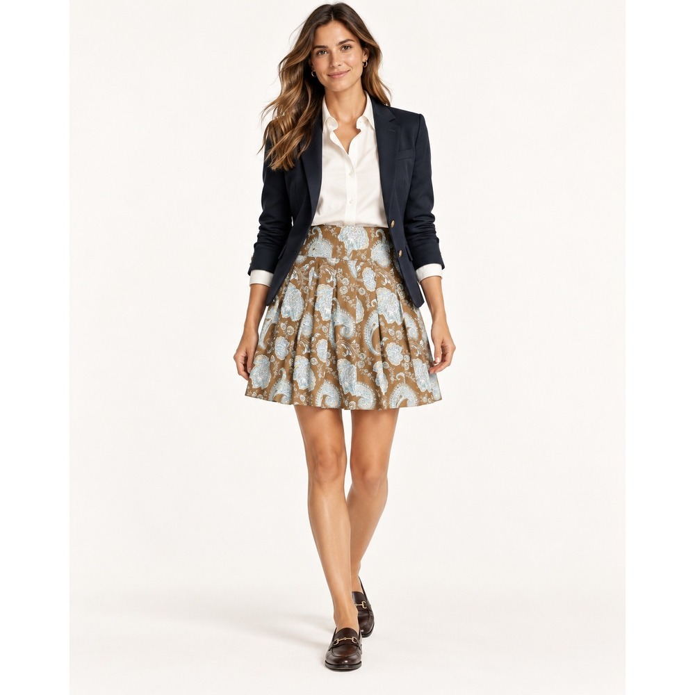 J.Crew Womens Paisley Pleated Mini Skirt Size 2 Brown Blue Preppy Boho Career